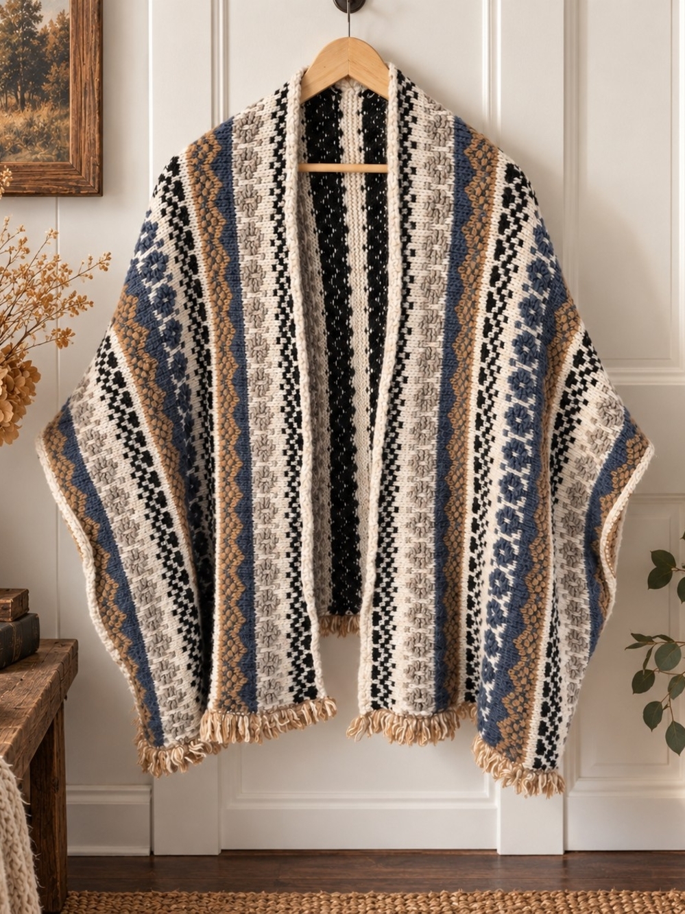 Boho Chunky Knit Open Front Cardigan Poncho Fringe One Size